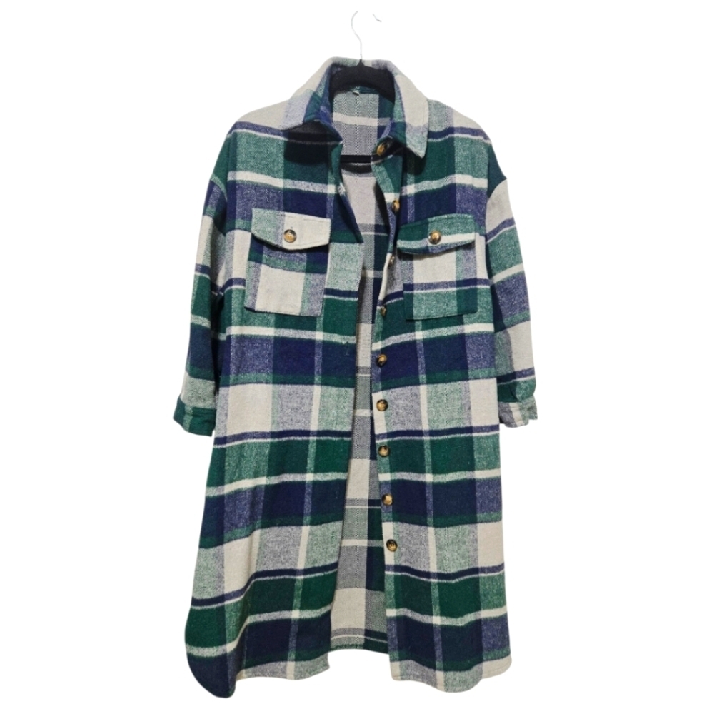 Plaid Flannel Shacket Jacket Oversized Button Up Blue Green XS Women's Grunge - Picture 2 of 8